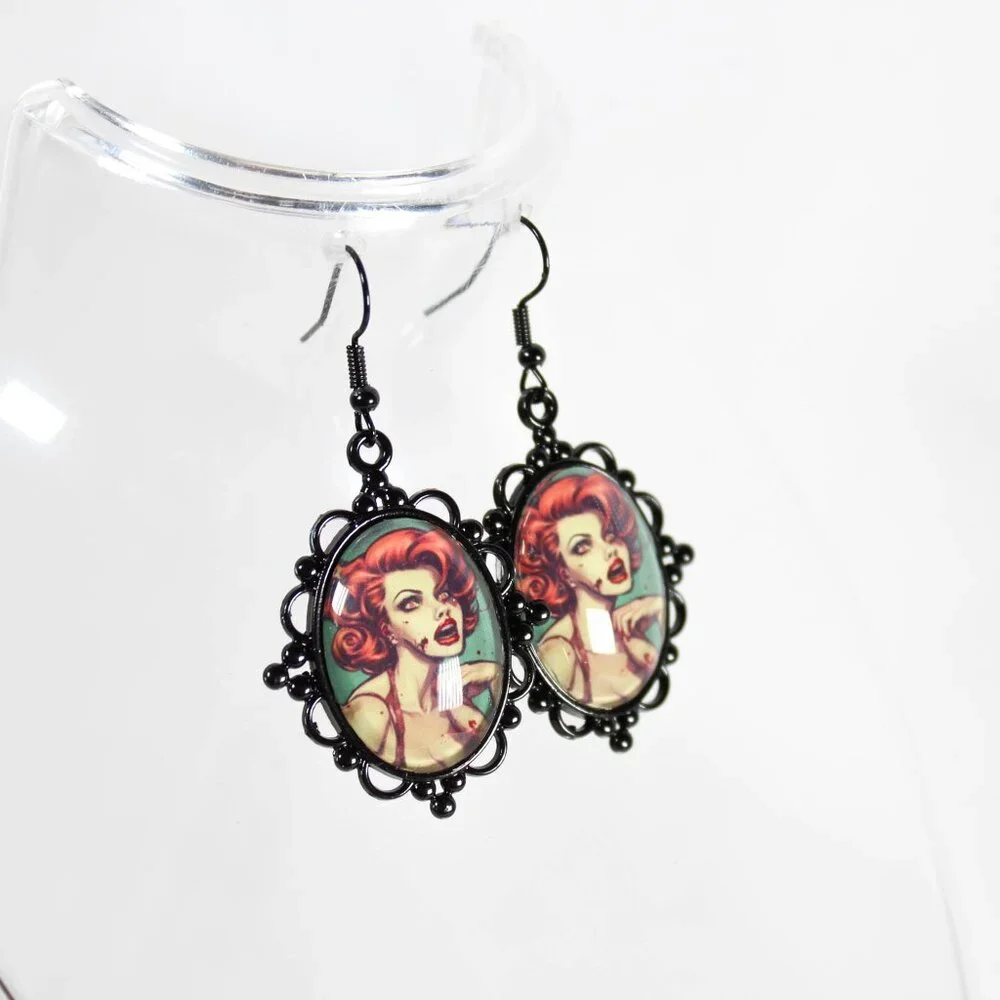 Drop Dead Red Zombie Pinup Earrings – Gothic Victorian Horror Jewelry